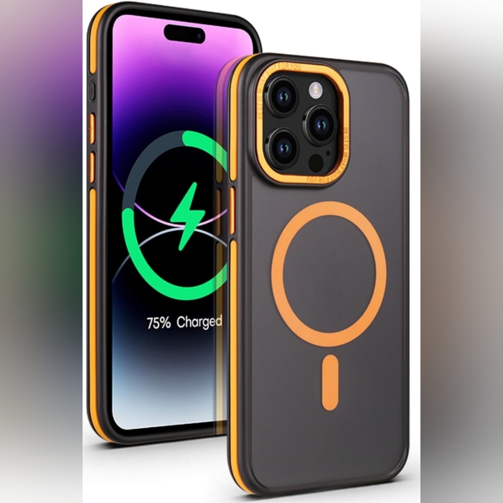 Case iPhone 15 Pro Compatible With MagSafe Orange Black Matte